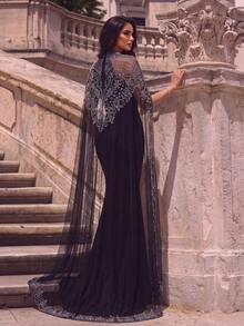 Elegant Mermaid Evening Gown With Sequin Cape Sleeves And Flared Hem, Fitted Bust Design, Suitable For Formal Weddings And Red Carpet Occasions - Black - View 1