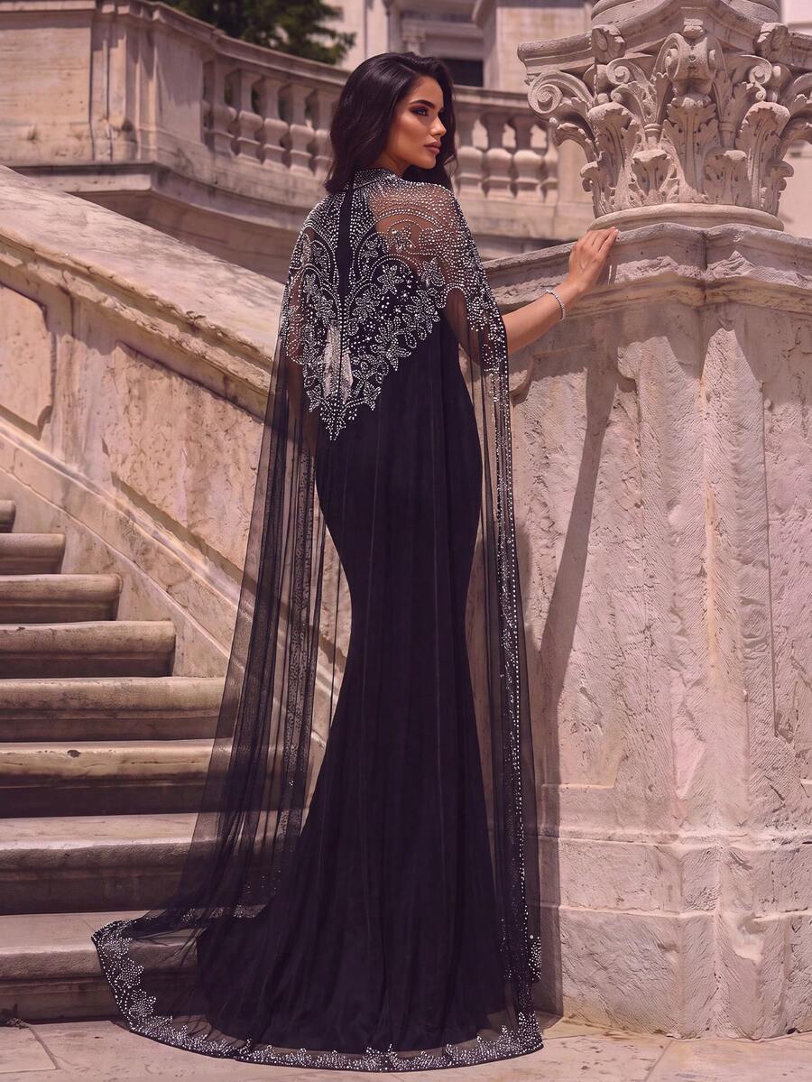 Elegant Mermaid Evening Gown With Sequin Cape Sleeves And Flared Hem, Fitted Bust Design, Suitable For Formal Weddings And Red Carpet Occasions - Black - View 1