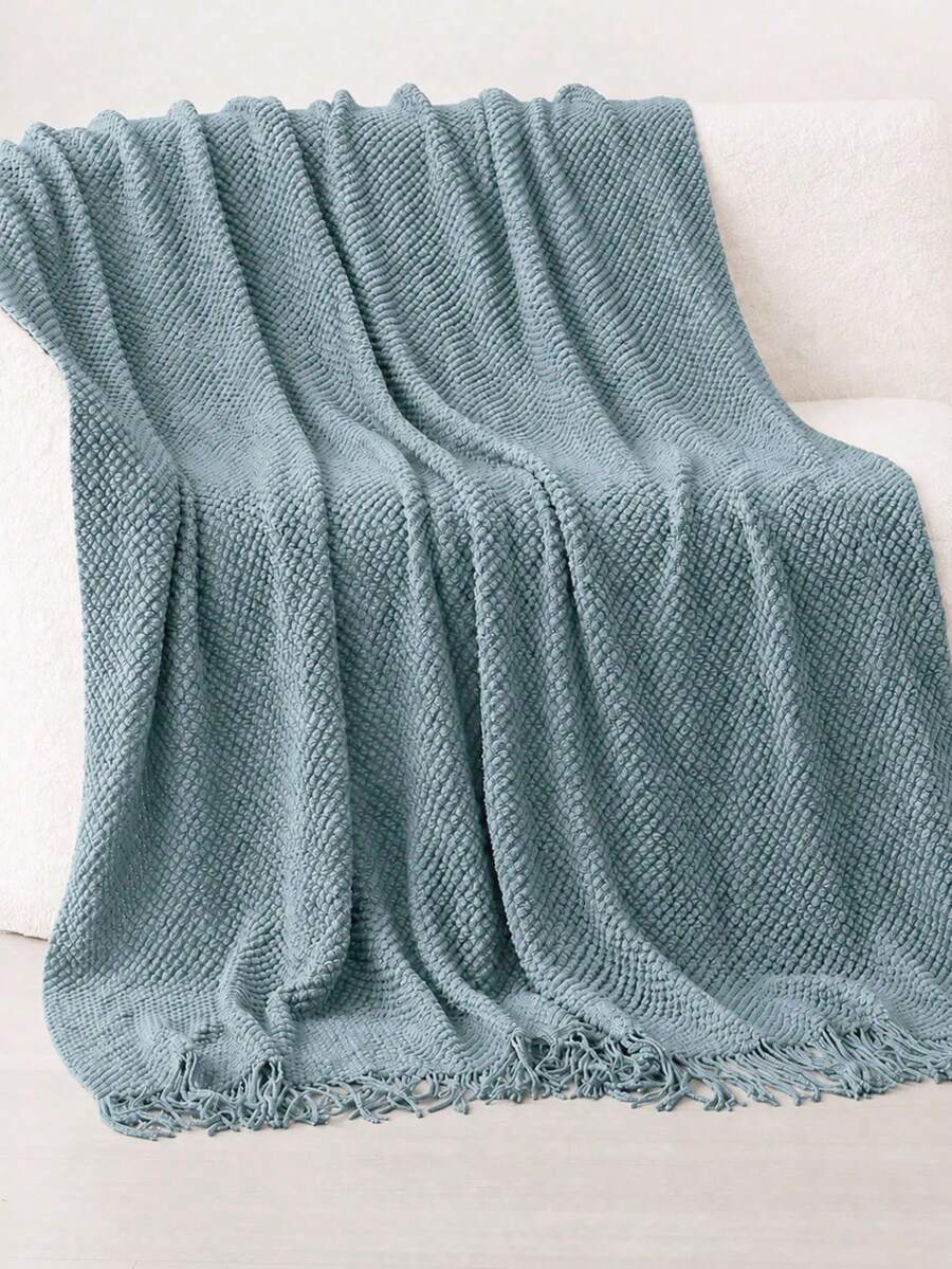 Solid Color Knitted Blanket, Nordic Style Rectangular Office Nap Sofa Blanket, Air Conditioning Blanket, Knitted Small Blanket, Throw Blanket - Blue - View 1