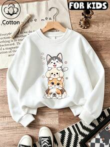 Kids Crew Neck Sweatshirt, Stacked Puppies Kitten Cartoon Printed Cotton Top, Soft Breathable Casual Pullover - White - View 1