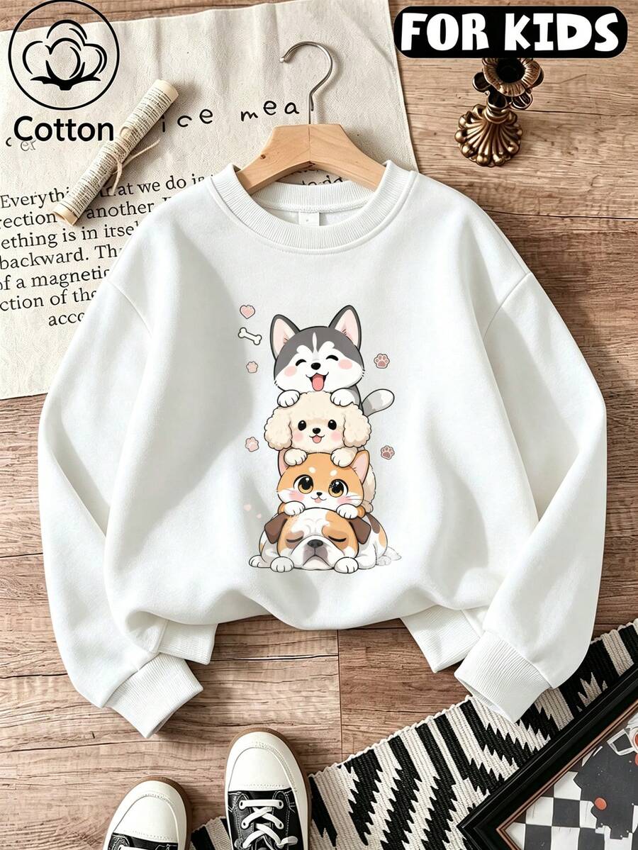 Kids Crew Neck Sweatshirt, Stacked Puppies Kitten Cartoon Printed Cotton Top, Soft Breathable Casual Pullover - White - View 1