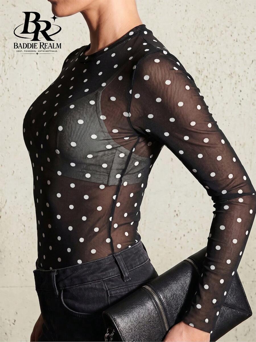 BADDIE REALM Women's Slim Fit Long Sleeve Polka Dot Mesh Top, Elastic Daily Basic Style - Black - View 1