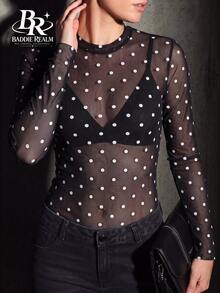 BADDIE REALM Women's Slim Fit Long Sleeve Polka Dot Mesh Top, Elastic Daily Basic Style - Black - View 11