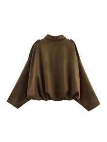 Women's Elegant Loose Fit Aviator Jacket, Epaulettes Lapel, Snap Button Front, Lightweight All-Season Outerwear - Brown - View 10
