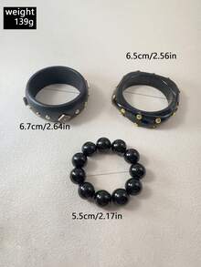 imoli 3pcs/Set Vintage Punk Style Stackable Resin Wide Cuff Inlaid Rivet CCB Square Bead Women's Bracelet Set, Bracelet, Wrist Jewelry, Suitable For Daily Party Matching Accessories - 33740-bra-black - View 9