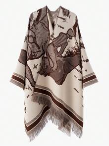 Men's Vintage Sketch Portrait Jacquard Knit Cardigan Poncho Shawl, Autumn/Winter Warm Blanket-Style Outerwear With Tassel Hem, Casual Split Jacket "Poncho" - Multicolor - View 8