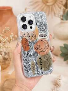 Ins Artistic Style Phone Case - Autumn Terry Tone Color Blocks With Hand Drawn Plants And Totem Sun/Moon - Suitable For Daily Use/Gifts - Bright Silver Fragment Style - Unique Design, Compatible With IPhone 18/17/16/15/14/13 Pro Max And More Models - Multicolor - View 3