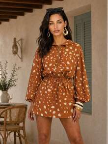 Dancing Leopard Orange Animal Print Hooded Balloon Sleeve Mini Dress, Everyday Weekend Wear - Multicolor - View 1