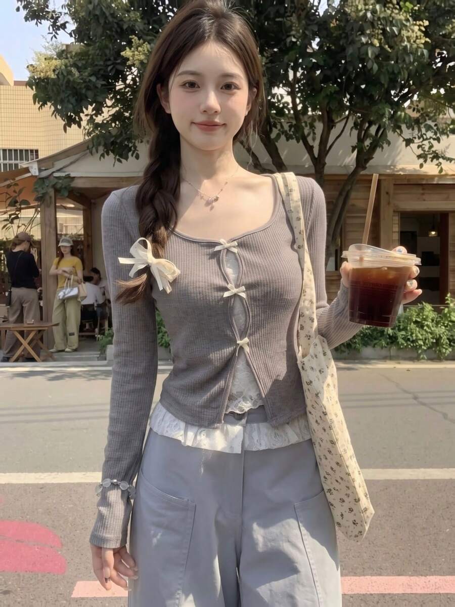 Women's Cute Long Sleeve Bow Decor Lace Patchwork 2-In-1 Top, Suitable For Valentine's Day, Spring/Summer - Grey - View 1