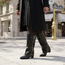 Wide Shaft Tall Boots, Plus Size Wide Fit Zipper Split Design Chunky Heel Pointed Toe High Top Women's Boots - Black Leather Zipper - View 9