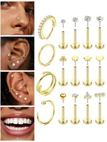 AVYRING 9CPS 14K Gold-Plated Nose Rings Studs Hoops For Women Men Surgical Steel Earrings CZ Lip Cartilage Nostril Piercing Jewelry - Multicolor - View 1