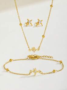 4pcs Gold Star Bead Necklace Bracelet Earrings Set Girls Jewelry, Delicate & Shiny, Suitable For Birthday Party And School Wear - Gold - View 9