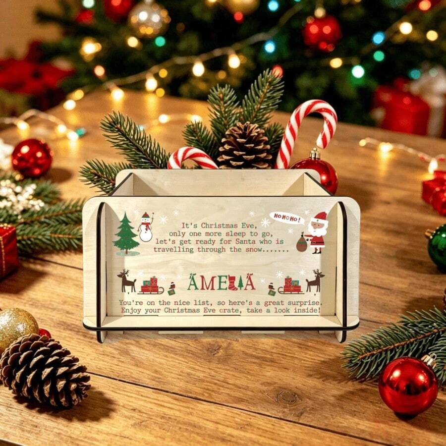 Santa Claus Snowman Reindeer Print Patchwork Wooden Open-Top Storage Box, Spacious Opening Interior, Suitable For Christmas Eve Snacks And Gifts, Cute Classic Winter Holiday Pattern, Christmas - Multicolor - View 1