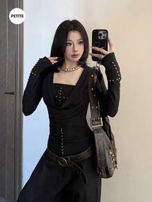 Y2K 2件套 美式性感低領長袖修身鉚釘短版上衣 黑色優雅款 小碼女款 - 黑色 - 查看 4