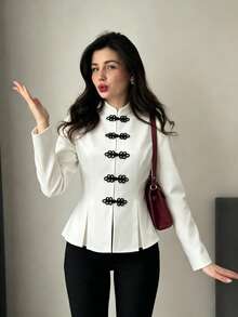 Women's Autumn/Winter White Elegant Shirt, New Chinese Style Black Frog Button Contrast Color Stand Collar Long Sleeve Thin Outerwear, Women's Formal Office Daily Casual Outing Commute Top, Vacation Holiday Beach Outfit, Women's Halloween Christmas Costume, Wedding Guest Attire - White - View 7