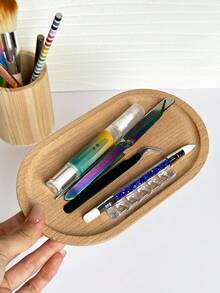 1pc Vintage Wooden Nail Art Storage Tray, Minimalist Desktop Brush Organizer, Multi-Functional Makeup Tool Display Bucket, Suitable For Home Vanity And Salon Desktop Organization, Back To School Desktop Storage Essential - Multicolor - View 3