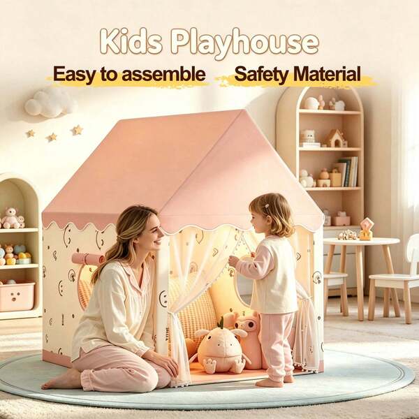 Tienda de juegos divertida para niños, castillo de juguete para tareas del hogar, opciones de color rosa/beige, diseño de cara sonriente divertida, con ventanas/cortinas/cortinas de puerta, con bolsa de almacenamiento, base secreta/tienda de dormir para niños y niñas, regalo de cumpleaños/Navidad/Acción de Gracias/Halloween, accesorios y luces no incluidos