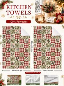 2pcs Christmas Vintage Plaid Holly & Pinecone Pattern Kitchen Towels, Soft Polyester Dish Cloths, Suitable For Kitchen Decor, Kitchen Cleaning, Holiday Party Decoration, Kitchen & Bathroom Supplies Home Essentials, Home Decor, Housewarming Gift - Multicolor - View 4