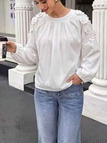 Elegant Casual Bohemian Style Loose White Women's Round Neck Blouse With Exquisite Applique, Suitable For Outings, Spring, Summer, Autumn - White - View 6