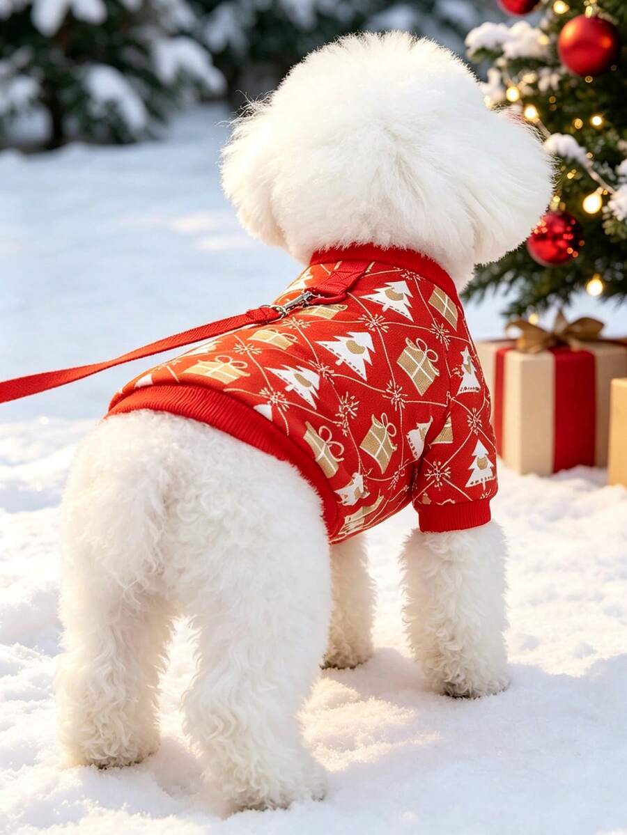 1pc Christmas Dog Clothes With Leash Hook, Xmas Tree Gift Print Puppy Sweatshirt, Soft Festive Pet Holiday Outfit, Winter Dog Coat For Small Medium Dogs. - Red - View 1