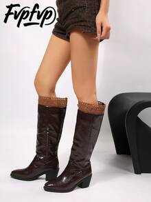 FVPFVP British Style Brown Tall Boots Women Autumn/Winter Long Boots High Shaft Slouch Boots Chunky Heel Pant Leg Boots Pointed Toe High Heel Riding Boots - Coffee Brown - View 1