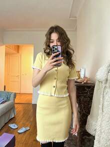 Women's Ribbed Knit Dress Set, Short Sleeve Cropped Top With Fitted Bodycon Skirt, Ruffle Trim And Decorative Buttons, Casual With Slight Stretch - Yellow - View 3