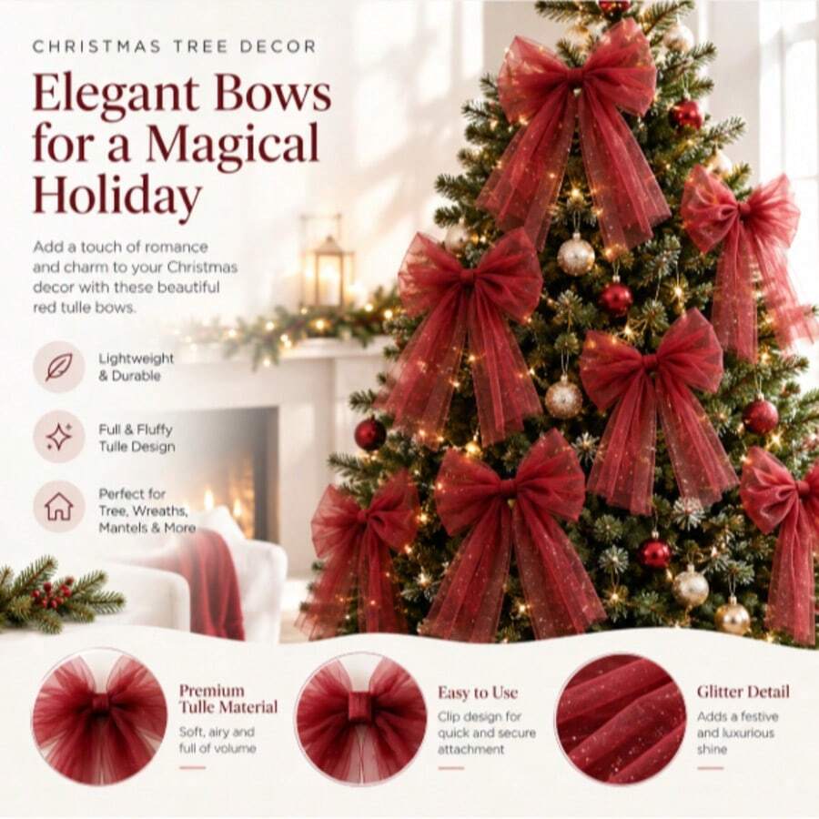 1pc Large Red Tulle Christmas Tree Bows, Oversized Sheer Ribbon Bow Decorations For Christmas Tree, Wreath, Mantel, Fireplace & Front Door, Holiday Home Decor - Multicolor - View 1