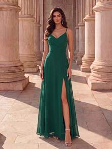 EVERPRETTY Autumn High Slit Chiffon Spaghetti Strap Deep Forest Green Bridesmaid Dress Elegant Wedding Dresses For Bridal Formal Dresses For Special Occasion - Dark Green - View 9