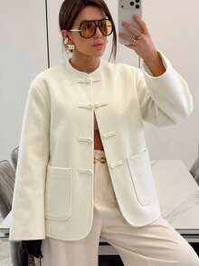 Women's Wool Blend Jacket, New Chinese Style Frog Button Cream White Loose Fit With Pockets, Elegant Elegant, Suitable For Commuting/Holiday/Office - White - View 8