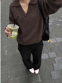 Women's Turn Collar V-Neck Drop Shoulder Knit Sweater, Loose Fit Solid Color Preppy Style Pullover, Vintage Aesthetic, Suitable For Office Weekend Campus Daily Occasions - Coffee Brown - View 5