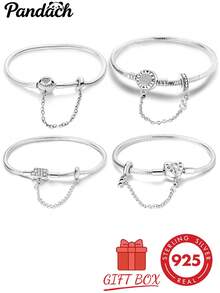 1pc S925 Sterling Silver Snake Chain DIY Base Bracelet, Multiple Rhinestone Heart & Cylinder Clasp Options With Safety Chain, Minimalist Versatile Style, Compatible With Various Beads & Charms, Includes Gift Box, Handmade DIY Jewelry Base, Gentle Holiday Gift Accessory - Silver - View 11