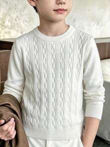 Boys' College Style Solid Color Cable Knit Crew Neck Long Sleeve Pullover Sweater, Suitable For School, Daily Casual Wear, Spring, Autumn, Winter - White - View 1