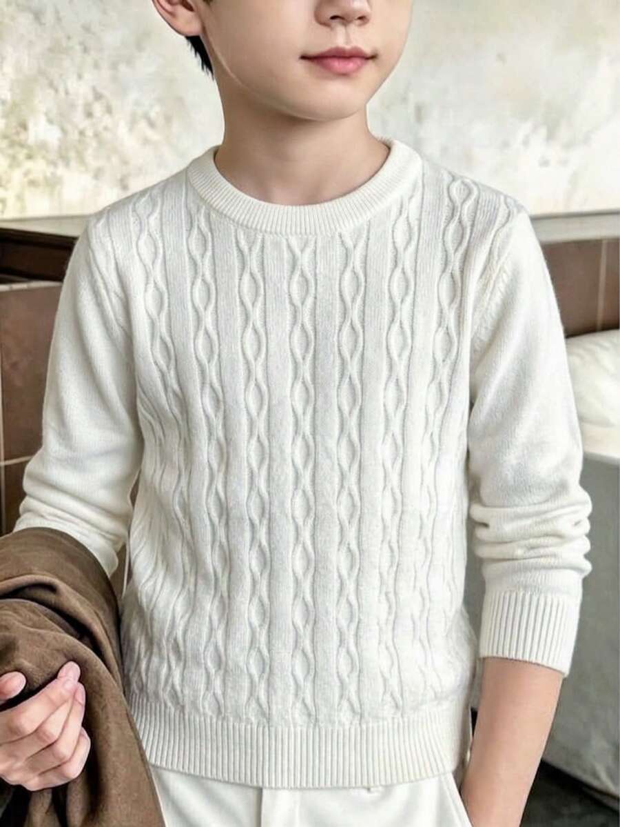 Boys' College Style Solid Color Cable Knit Crew Neck Long Sleeve Pullover Sweater, Suitable For School, Daily Casual Wear, Spring, Autumn, Winter - White - View 1
