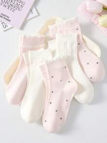 4 Pairs Women's Cute Sweet Breathable Floral Striped Embossed Lace Pattern Mid-Calf Socks Ankle Socks Casual Comfortable Preppy Student Socks Pink Socks White Socks Fashionable Comfortable Random Color Suitable For Daily Wear Spring Summer Autumn Winter All Seasons - Multicolor - View 3
