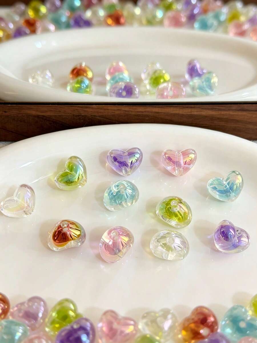 10pcs Acrylic UV Colorful Electroplated Heart Beads Dual Color DIY Beaded Pen Phone Chain Keychain Decorative Pendant - 10pcs Transparent Colored Hearts - View 1