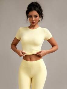 XLLAIS Women's Casual Slim Fit Solid Color Short Sleeve Round Neck T-Shirt, Yellow, Summer - Mustard Yellow - View 2