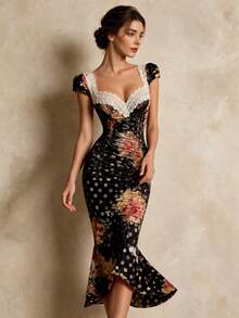 ELYRADIA Sexy Floral Polka Dot Print Fitted Midi Dress For Women, Summer Lace Trim Flutter Sleeve Ruched Chest Flared Hem Flowy Vintage Party Dress - Black - View 7