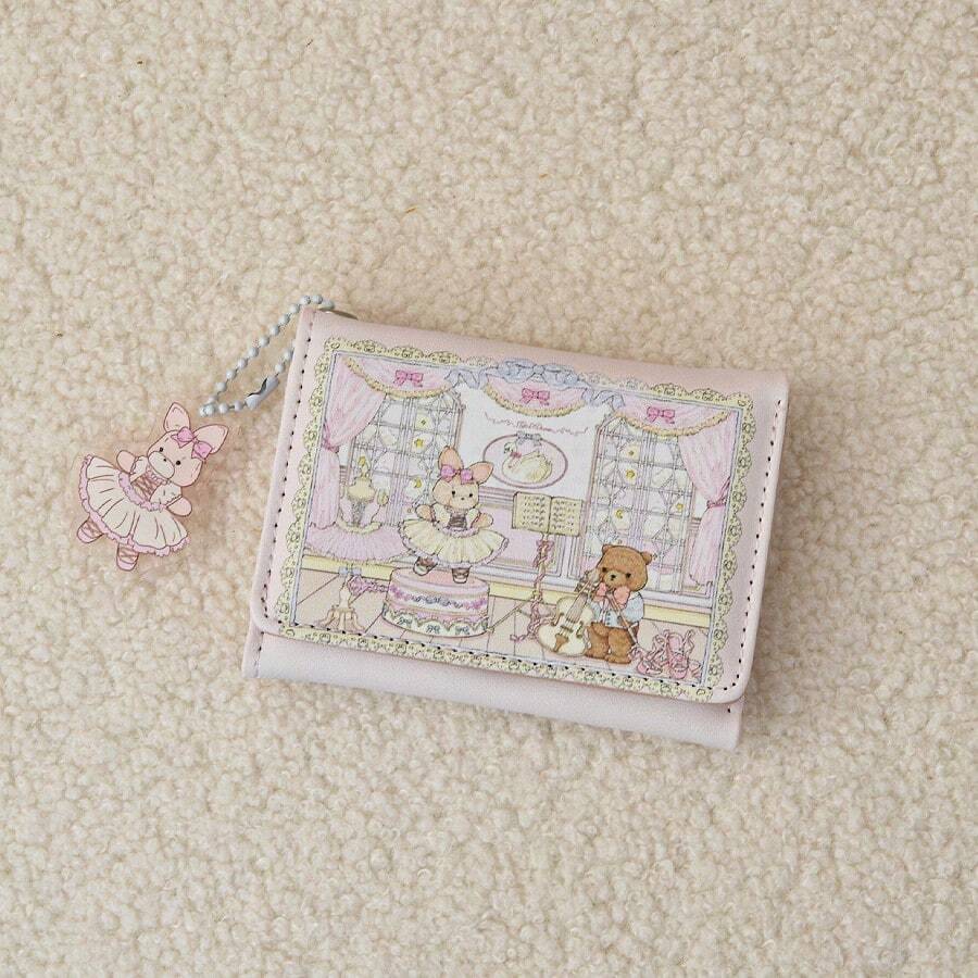 Dompet Kelinci Beruang Seri Piknik Musim Semi Girl's Dream, Merah Muda Stroberi, Lucu, Anti-Demagnetisasi, Slot Kartu Ganda, Hadiah
