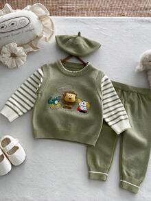 Infant Toddler Spring Autumn New Knitted Sweater Set, Cartoon Lion 3D Embroidered Faux Two-Piece Top And Pants Set - Green - View 1
