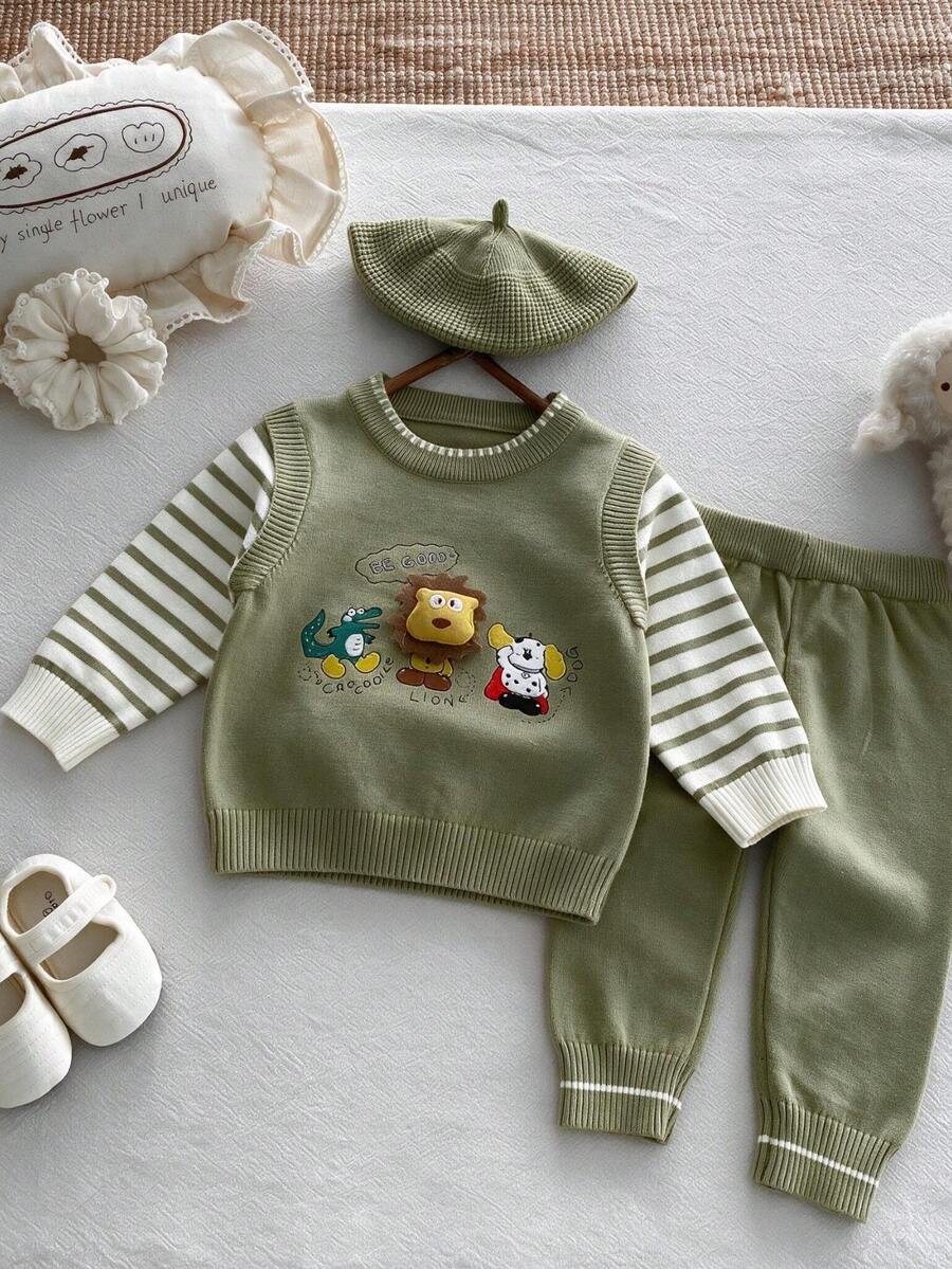 Infant Toddler Spring Autumn New Knitted Sweater Set, Cartoon Lion 3D Embroidered Faux Two-Piece Top And Pants Set - Green - View 1