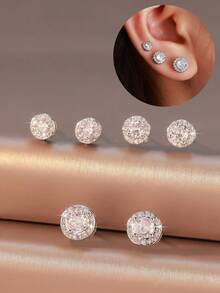 6pcs/Set Luxury Style Round Zirconia Stud Earrings Set For Women, Suitable For Commuting, Daily Wear And Dating - Circular Zirconium - View 6