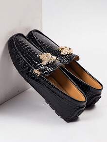 GAISIMA Men's Black Crocodile Embossed Loafers, Gold Metal Decor Luxury Slip-On Dress Shoes, Suitable For Business Banquets - Black - View 3