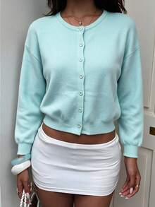 Autumn/Winter Casual Versatile Solid Color Knit Cardigan - Mint Blue - View 9