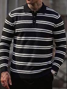Men's Autumn/Winter Fashion Versatile Striped Casual Turn-Down Collar Long Sleeve Sweater Suitable For Daily Wear - Black - View 1