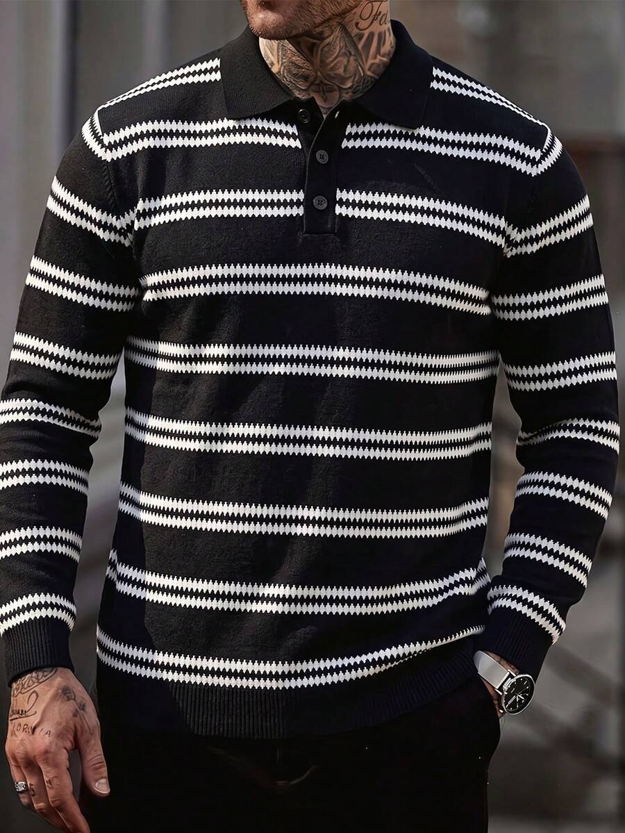Men's Autumn/Winter Fashion Versatile Striped Casual Turn-Down Collar Long Sleeve Sweater Suitable For Daily Wear - Black - View 1