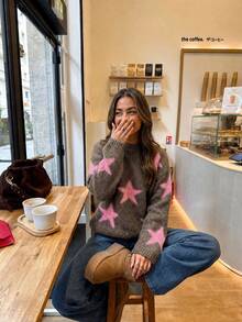 Joy Knit 女款針織毛衣 秋冬時尚新款 百搭上衣 極簡休閒百搭 星星提花圓領寬鬆針織上衣 女士上班穿搭 外出上衣 派對穿搭 - 棕色+粉色 - 查看 4