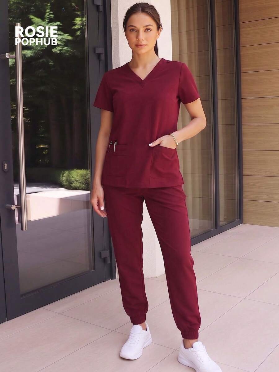 ROSIE POPHUB Women 2Pcs Wine Red V Neck Short Sleeve Scrub Top & Jogger Pants Set Multi Pockets Work Uniform Outfit For Nurse Healthcare - Burgundy - View 1