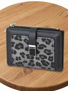 Dompet Pendek Wanita Gaya Vintage PU Motif Leopard Penutup Jepret Tempat Kartu Multifungsi Kapasitas Besar Pengatur ID - Hitam - View 3
