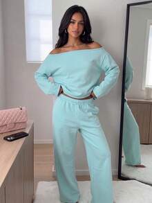Comfortable Off-The-Shoulder Sweatshirt And Wide Leg Pant Set For Women, Sexy Casual Two Pieces Outfit, Perfect For Fall - Baby Blue - View 1
