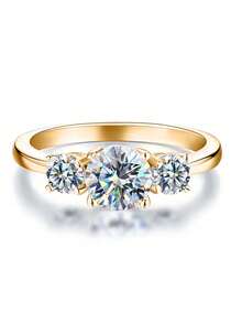 ESBERRY 1 buah Cincin Moissanite, Cincin Elegan dengan Tiga Batu 1ct Bertatahkan Bingkai, Cocok untuk Pertunangan dan Pemakaian Sehari-hari Wanita - Emas - View 6